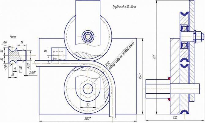 Un dibujo con dimensiones para hacer un doblador de tubos con tus propias manos.