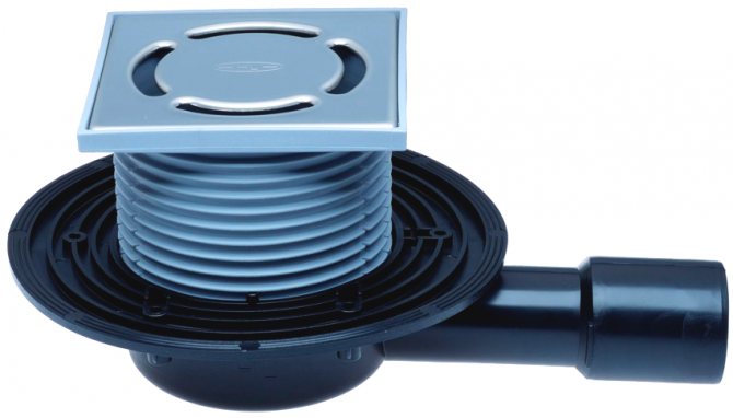 The sewer drain with a water seal consists of a siphon with a removable grate, a receiving funnel and a drain