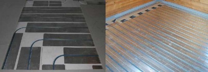 Las placas de metal se colocan sobre alfombras de poliestireno para un piso de agua seco, y las tuberías se refuerzan en ellas.