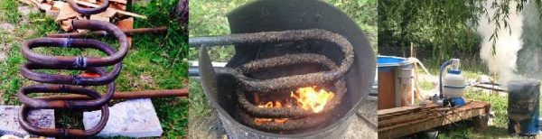 Eines der Geräte zum Erhitzen von Wasser im Pool mit Holz, von Hand gefertigt