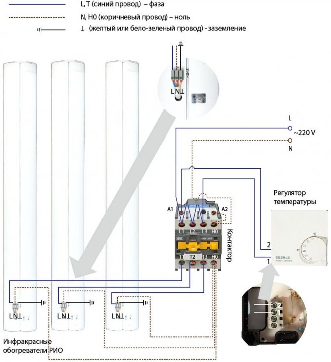 Schema di collegamento per tre o più riscaldatori a infrarossi a soffitto