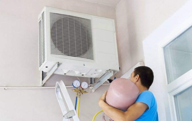 Kasama sa split system ang isang panlabas na yunit na gumaganap ng mga pag-andar ng isang condensing unit at isang panloob na yunit na nagsasagawa ng pagsingaw